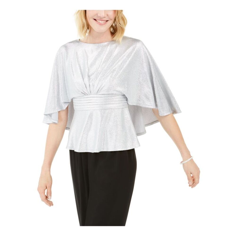 ADRIANNA PAPELL Womens Silver 3/4 Sleeve Scoop Neck Party Peplum Top 4